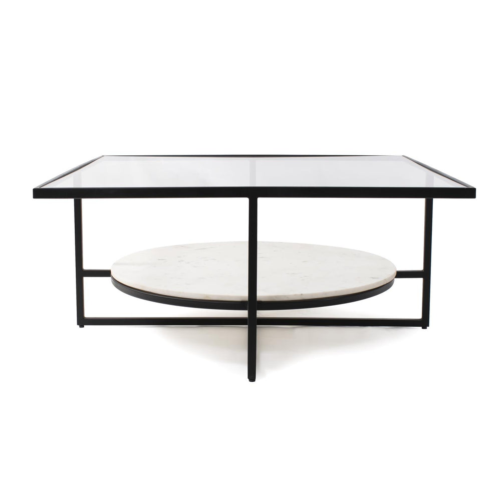 Howard Elliott Gianni Square Coffee Table - Smoky Gray Glass Top With Black Metal Frame & Elegant Marble Shelf Storage Black Glass,Metal,Marble 210001-howard-elliott