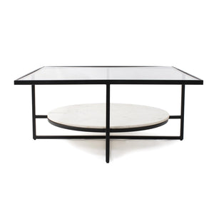 Howard Elliott Gianni Square Coffee Table - Smoky Gray Glass Top With Black Metal Frame & Elegant Marble Shelf Storage Black Glass,Metal,Marble 210001-howard-elliott