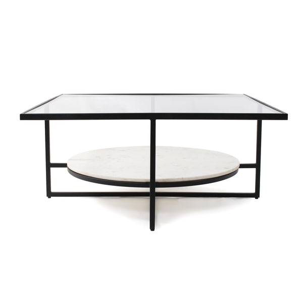 Howard Elliott Gianni Square Coffee Table - Smoky Gray Glass Top With Black Metal Frame & Elegant Marble Shelf Storage Black Glass,Metal,Marble 210001-howard-elliott