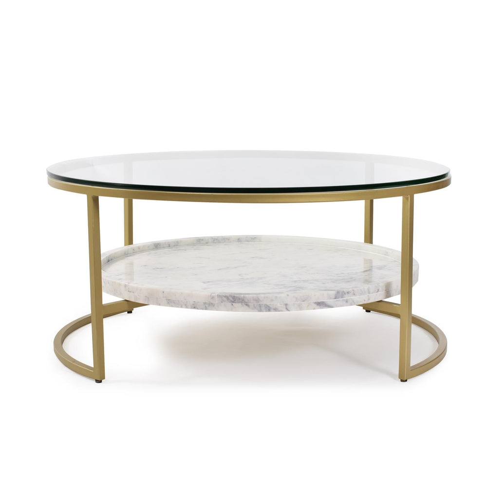 Howard Elliott Niccolo Round Coffee Table With Glass Top & Luxe Marble Tray - Sleek Gold Legs, Stylish Decor Accent Gold Glass,Metal,Marble 210002-howard-elliott
