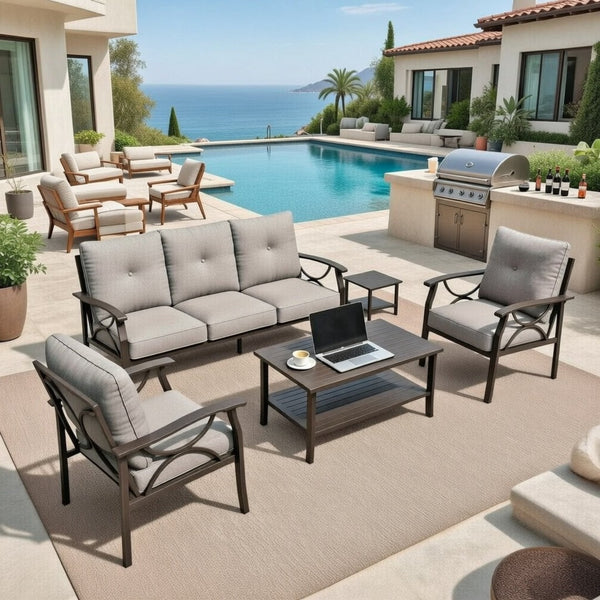 English Elm 5-piece Outdoor Conversation Set with Steel Frame Weather Resistant Cushions Patio Seating Gray B082S00128