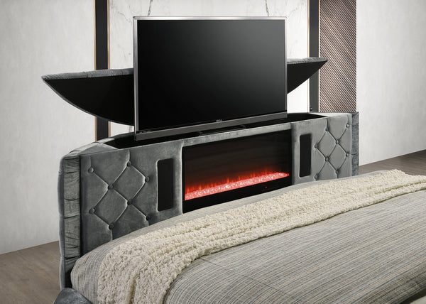 English Elm Luxurious King Size Bed Set With Tufted Velvet Headboard, Tv Lift, Electric Fireplace & Nightstands B2741S00117