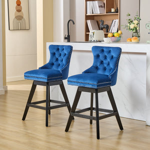 English Elm Swivel Velvet Barstool with Tufted Back, 360° Swivel, Plush Foam & Steel Spring Seat, Sturdy Wood Frame (Set of 2) Blue W1143P241331