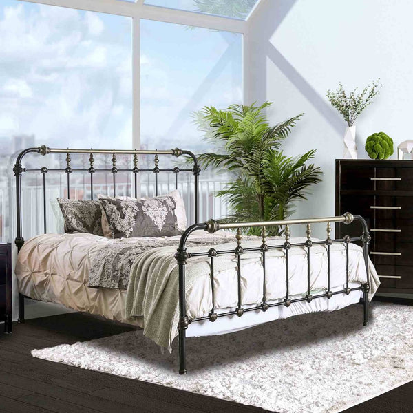 English Elm Transitional Full Metal Bed Ornate Spindle Frame with Hand-brushed Gold Accents B2741P476064
