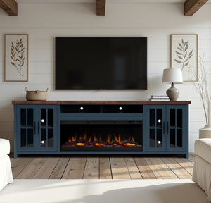 English Elm 97 Inch Fireplace TV Stand Console - Two-Tone Blue Denim & Whiskey, Poplar/Alder Build, 100" TV, 42" Electric Insert, Remote, Cable Mgmt B108P160235