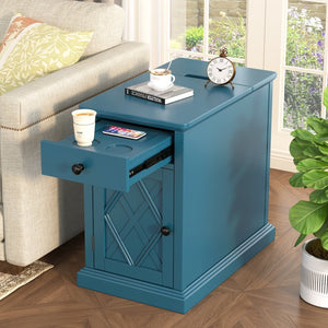 English Elm U-can Acacia Wood End Table with Usb Charging Station Drawer and Cabinet Storage Navy Blue N724P353565M