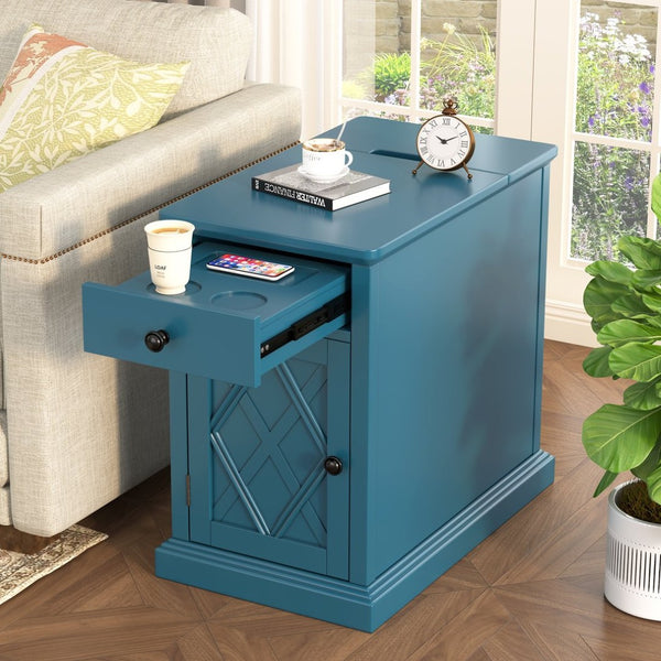 English Elm U-can Acacia Wood End Table with Usb Charging Station Drawer and Cabinet Storage Navy Blue N724P353565M