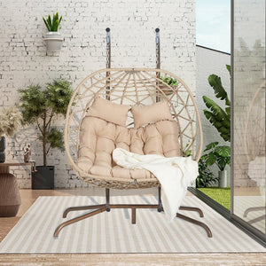 English Elm Double Hanging Egg Chair with Stand Wicker Basket Swing for Patio Balcony 600 Lb W874P270564