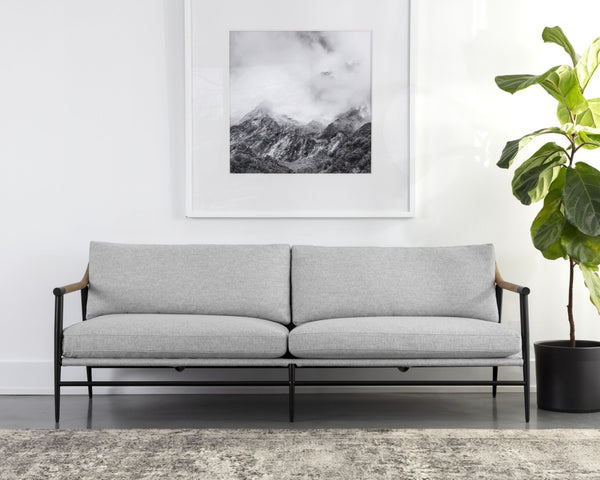 Sunpan MEADOW Sofa - Stylish Mid-Century Modern in Vault Fog with Durable Performance Fabric & Oak Armrests 110822