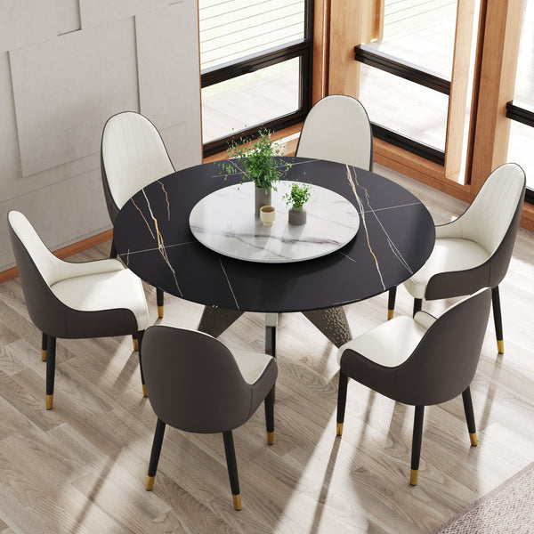 English Elm 59.05" Round Marble Dining Table With Silver Stainless Steel Base & 31.5" Lazy Susan For 6-8 Guests W1535S00393