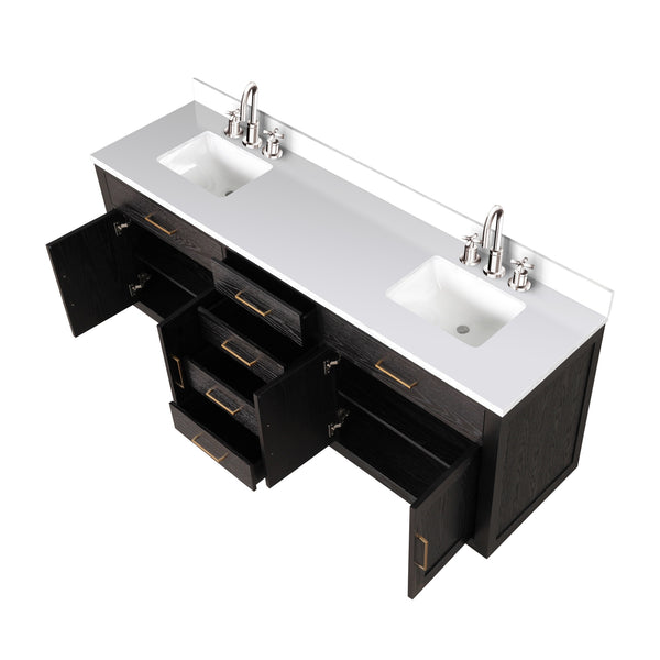 English Elm Black Oak Double Bath Vanity 80" W x 22" D with White Quartz Top, Soft-Close Drawers & Chrome Faucets B2731P260870