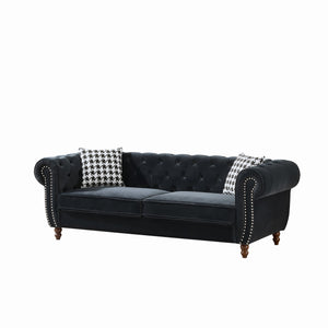 English Elm 87"Chesterfield Velvet Upholstery Sofa with Roll Armrests & Nailhead Trim, 3-Seater Luxurious Midcentury Design Black W3373S00009