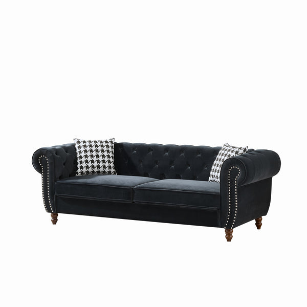 English Elm 87"Chesterfield Velvet Upholstery Sofa with Roll Armrests & Nailhead Trim, 3-Seater Luxurious Midcentury Design Black W3373S00009