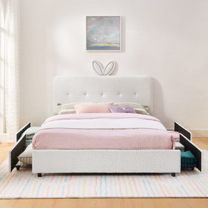 English Elm Queen Boucle Upholstered Kids Bed with Rabbit Ear Headboard Led Lighting Storage Drawers Beige W1413P384927