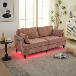 English Elm Modern chenille 2-seater sofa with LED lighting, USB charging, storage pocket, sturdy wood legs Pink W395P318541