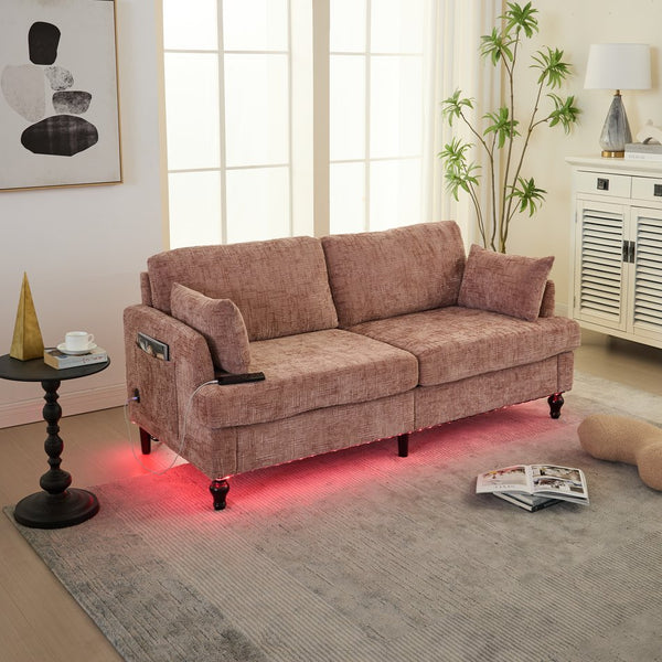 English Elm Modern chenille 2-seater sofa with LED lighting, USB charging, storage pocket, sturdy wood legs Pink W395P318541