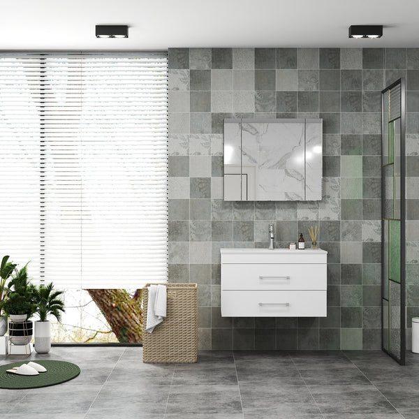 English Elm 32-Inch Wall-Mounted Bathroom Vanity With Soft-Close Drawers & Ceramic Sink For Modern Spaces W3151S00017