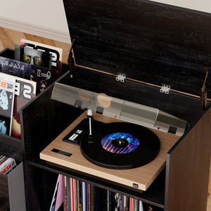 English Elm Record Player Stand with Vinyl Storage Mid-century Wood Console for Living Room T2398P438827