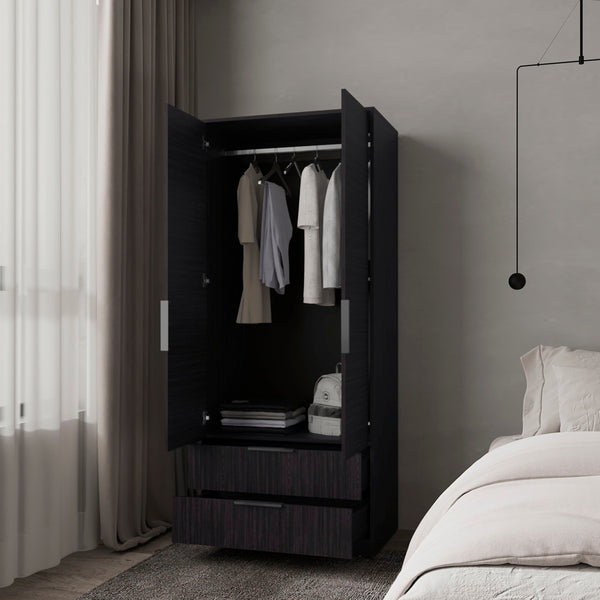 English Elm Wengue elegant 2-door 2-drawer wardrobe with hanging rod, melamine finish for sleek organized storage B062S01138