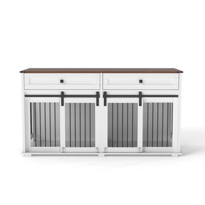 English Elm 63'' Farmhouse Double Dog Crate Furniture with Wood Grain Mdf Build and Storage Drawers W2557P231672