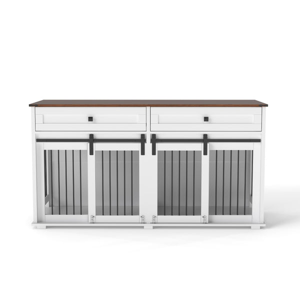English Elm 63'' Farmhouse Double Dog Crate Furniture with Wood Grain Mdf Build and Storage Drawers W2557P231672