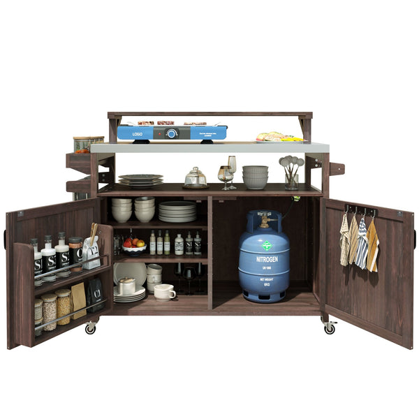 English Elm K&K 53.3" Outdoor Kitchen Island with 1.2" Stainless Top, Spacious Storage, Raised Shelf, Wheels Brown N707P250628Z