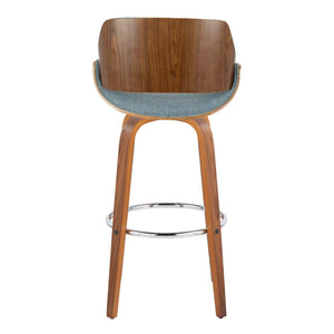 English Elm 30" Mid-century Swivel Barstools Walnut Bentwood Frame Blue Upholstered Seat Set of 2 B202S00563