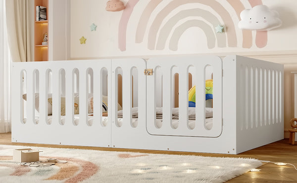 English Elm Twin Solid Pine Montessori Floor Bed with House Frame Door and Safety Fence Light White W5305P420635