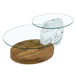 English Elm Contemporary White Marble & Wood Grain Double-Layer Coffee Table with Tempered Glass Top, Stylish Centerpiece W1512P386948