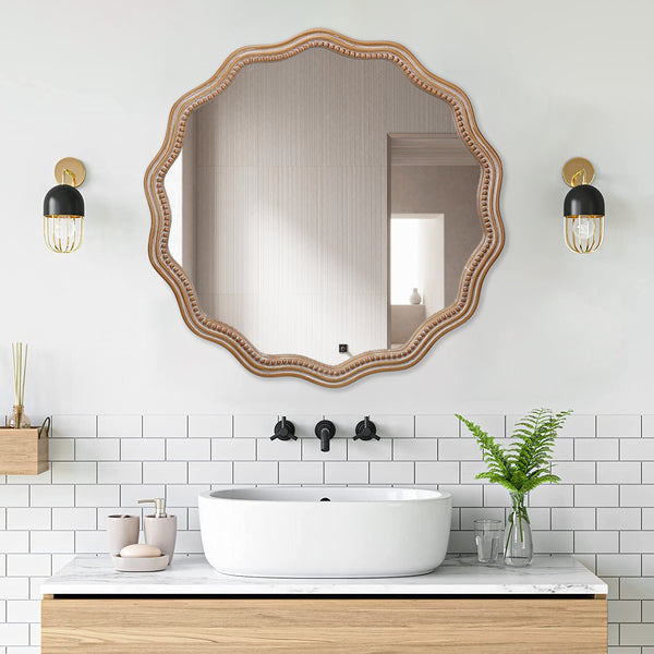 English Elm 23.62 Antique Natural Wood Round Wavy Wall Mirror with Scalloped Frame Modern Farmhouse Decor W2295P290646