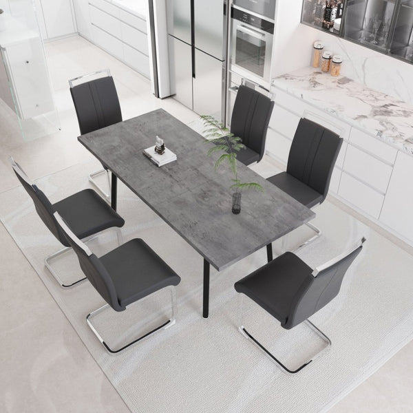 English Elm 55.12-70.87" Expandable Square Dining Set Seats Six with Cushioned Faux Leather Chairs Grey W2189S00905