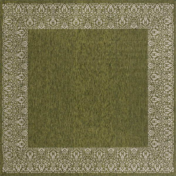 Unique Loom Outdoor Border Floral Border Machine Made Floral Rug Green, Ivory/Gray 13' 0" x 13' 0"