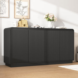English Elm Black Fluted Wave Door Media Console with Built-in Power Outlet and Adjustable Shelving Black W409P452057