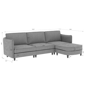 English Elm 107.8'' Large L-Shaped 3-Seater Sofa With Movable Ottoman & Storage Pockets For Modern Spaces W680S00037