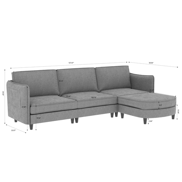 English Elm 107.8'' Large L-Shaped 3-Seater Sofa With Movable Ottoman & Storage Pockets For Modern Spaces W680S00037