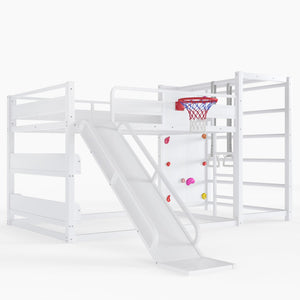 English Elm Twin Metal Loft Bed with Slide Basketball Hoop Climbing Wall and Built-in Shelves W1580S00634