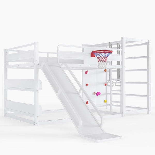 English Elm Twin Metal Loft Bed with Slide Basketball Hoop Climbing Wall and Built-in Shelves W1580S00634