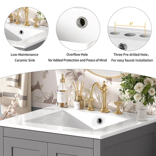 English Elm 24-inch Modern Bathroom Vanity with Ceramic Sink, Soft-Close Doors, Drawer Divider & Ample Storage Gray N729P299440E