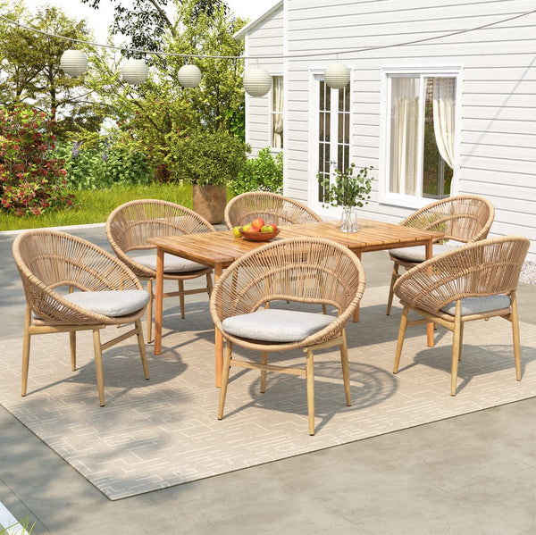 English Elm Christopher Knight Home® - Cyril Outdoor Patio 7-Piece Dining Set with Solid Acacia Table, Handwoven Rattan Chairs & Cushions Beige,Light Brown,Teak CYRIL7PCSDSETB