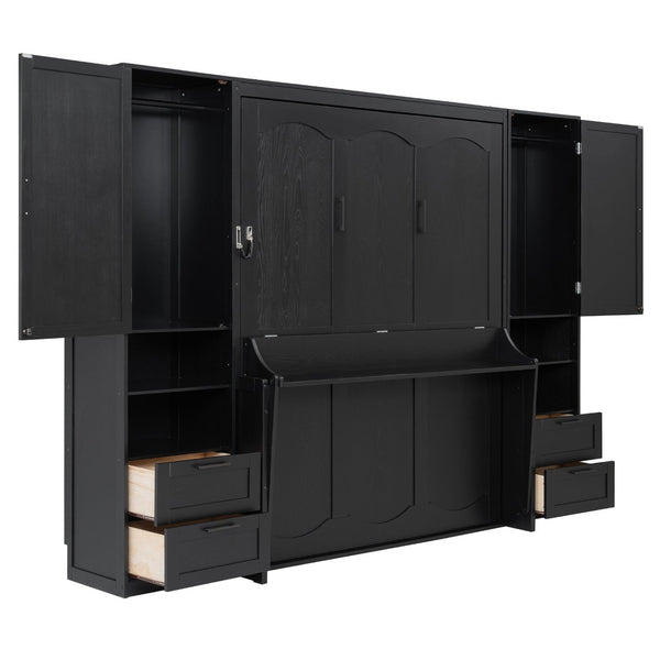 English Elm Queen Murphy Fold Down Wall Bed with Wardrobe Drawers and Shelves for Guest Rooms LP000909AAB