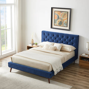 English Elm Ashcroft Furniture - Dillon Elegant Blue Velvet Platform Bed - Mid-Century Modern Design With No-Box-Spring Required B183S00080