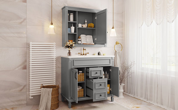 English Elm 36'' Bathroom Vanity with Sink and Mirror Cabinet, Modern MDF & Solid Wood Design, Ceramic Top, Soft-Close Doors Grey SW000115AAE-1