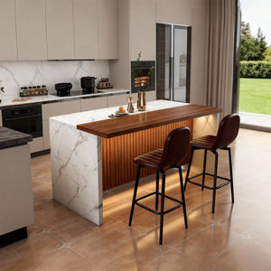English Elm 63-Inch Modern Kitchen Island Set With Led Lighting & 2 Bar Stools - Elegant Marble Look For Dining W2699S00064