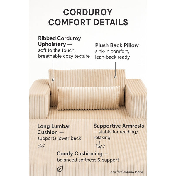 English Elm Oversized Corduroy Floor Lounge Chair with Modular Ottoman All Foam Deep Seat Beige W3326S00026