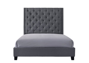 English Elm 1Pc Contemporary Queen Upholstered Panel Bed With Button Tufting & Nailhead Trim In Gray Finish B011S01444
