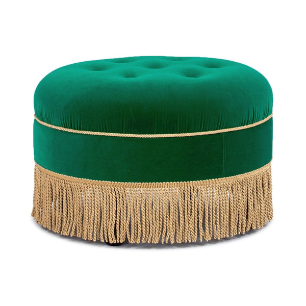 English Elm Yolanda Velvet Round Ottoman with Gold Bullion Fringe Jewel Toned Artisan Accent Piece B2719P364403