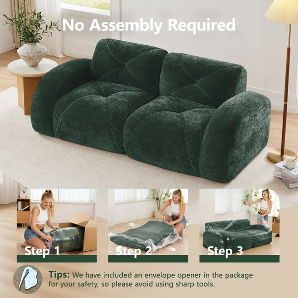 English Elm Three Seater Chenille Sofa with Ottoman Solid Wood Base Tufted Arms Living Room Green W714S01641