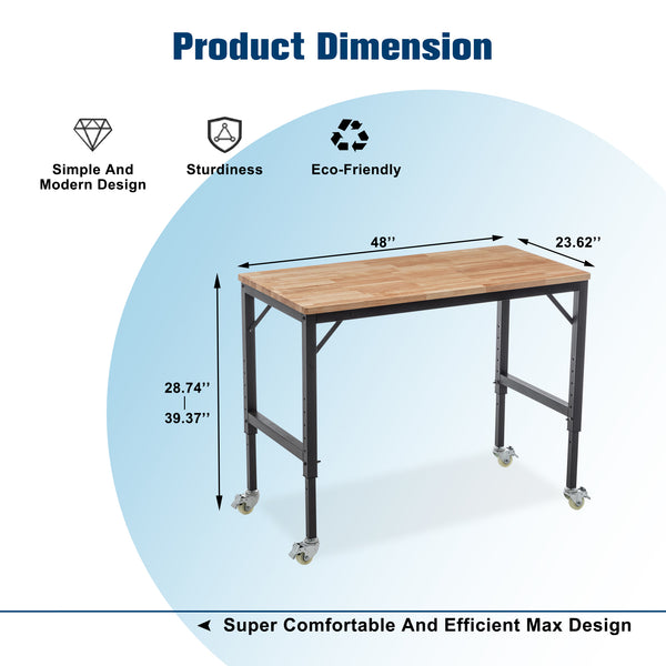 English Elm 48" Heavy-Duty Adjustable Workbench – Mobile Rubberwood Table With Steel Frame, 2000 Lbs Capacity W1422P218518