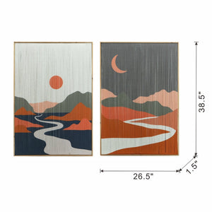 English Elm 26.5" Rectangular Tassel Diptych Wall Art Set Fir Frame Abstract Minimalist Panels W2078130302