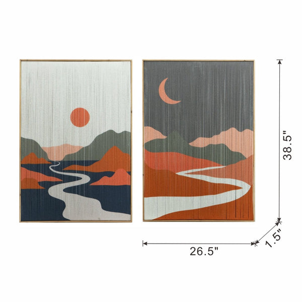 English Elm 26.5" Rectangular Tassel Diptych Wall Art Set Fir Frame Abstract Minimalist Panels W2078130302